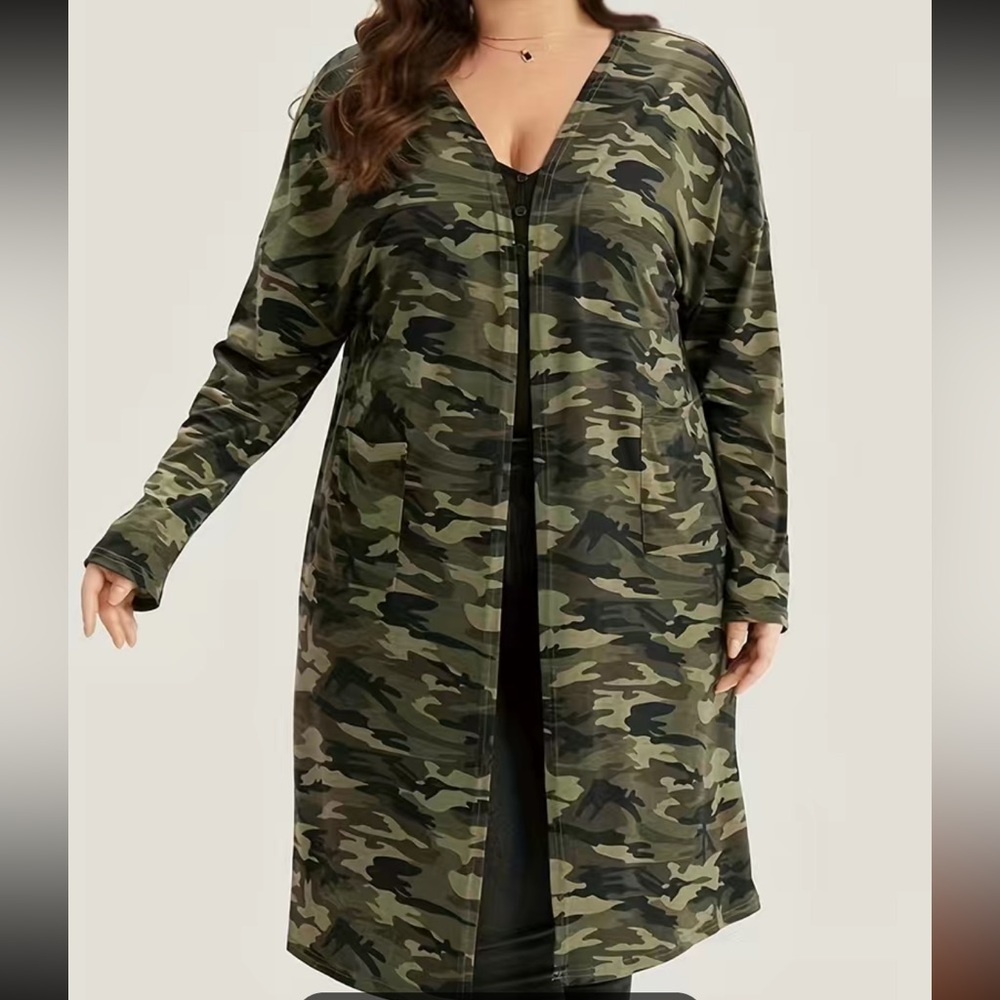 Camo Army Long Sleeve Open Front Slight Stretch long Cardigan